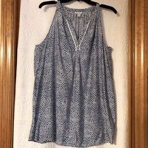 Nautical lines 1983 sleeveless v-neck blue and white print blouse